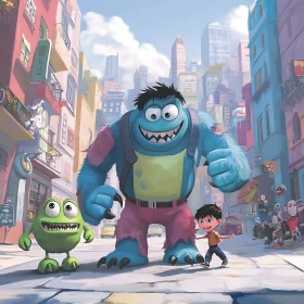 Colorful Cartoon Cityscape with Friendly Monsters