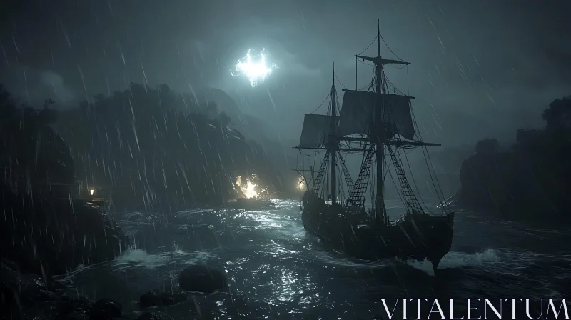 Haunting Maritime Adventure Amidst a Thunderstorm AI Image