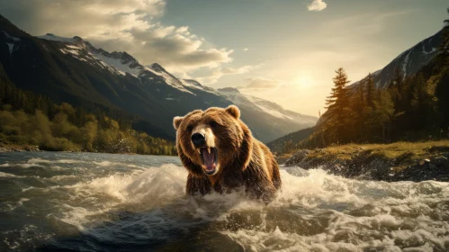 Epic Adventure: Brown Bear Crossing River Against Mountainous Backdrop