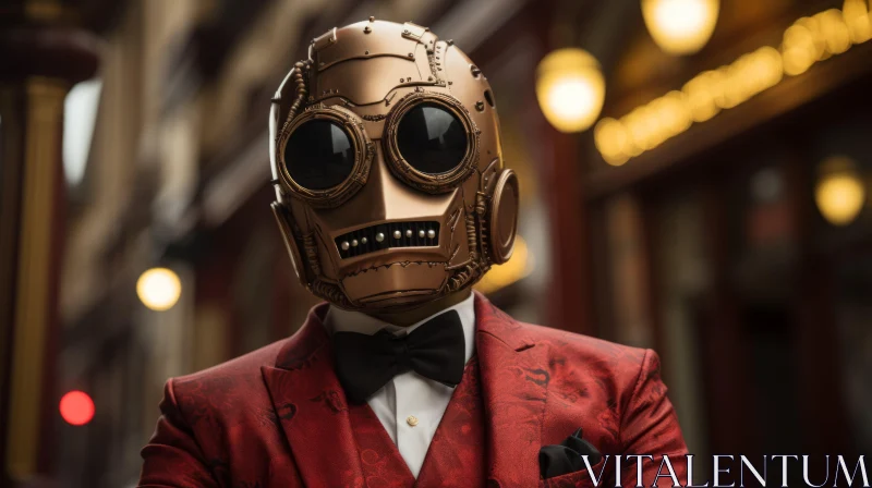 Mysterious Man in Steampunk Mask and Suit - Urban Portrait AI Image