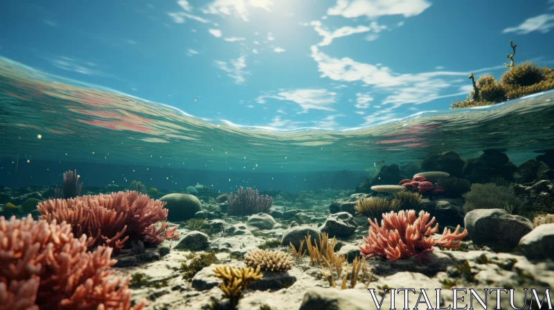 Underwater Ocean Landscape with Coral Reef and Seaweed AI Image