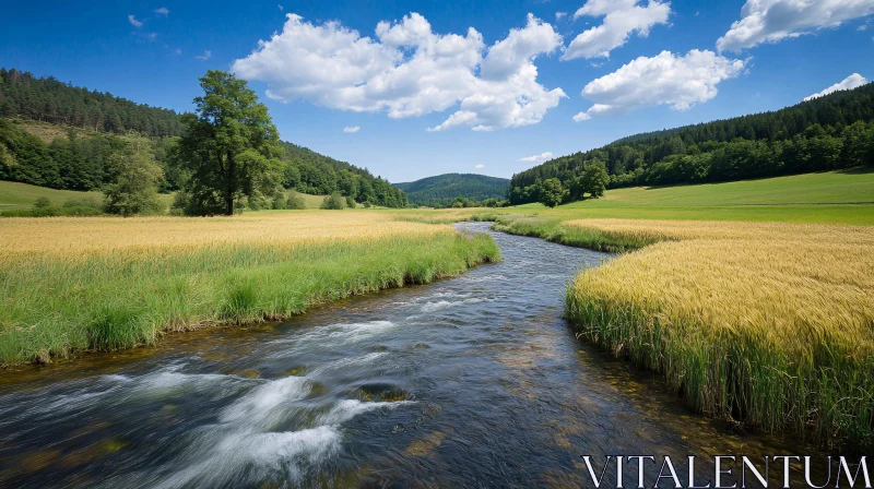 AI ART Tranquil River Landscape with Fields and Trees