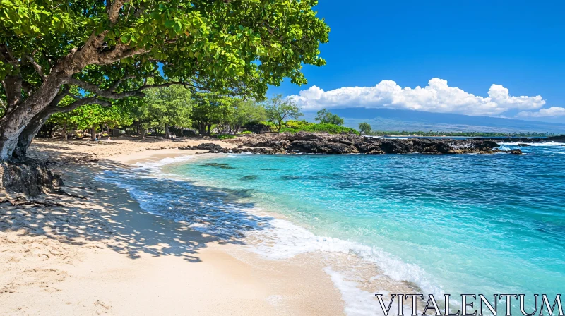 AI ART Serene Beach Scene with Clear Waters and Verdant Trees