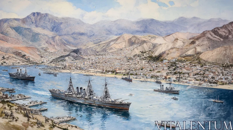 Harbor Scene with Battleships and Mountainous Backdrop AI Image