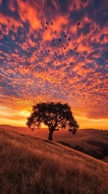 Serene Sunset Landscape with Birds and Tree Silhouette