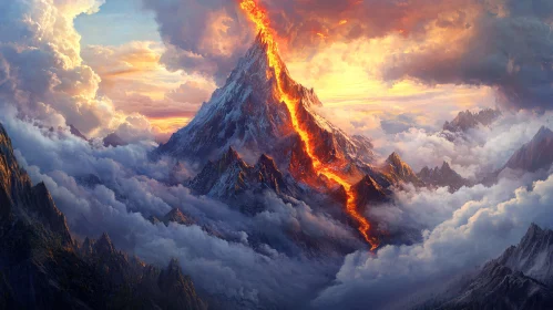 Molten Lava Flowing from Mountain Peak at Dusk