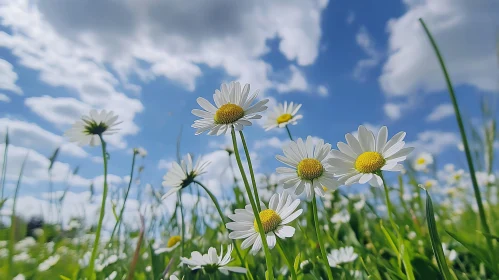 White Daisies in Bloom on a Cloudy Spring Day