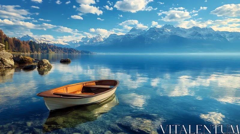 Peaceful Lake Scene with Rowboat and Mountainous Backdrop AI Image