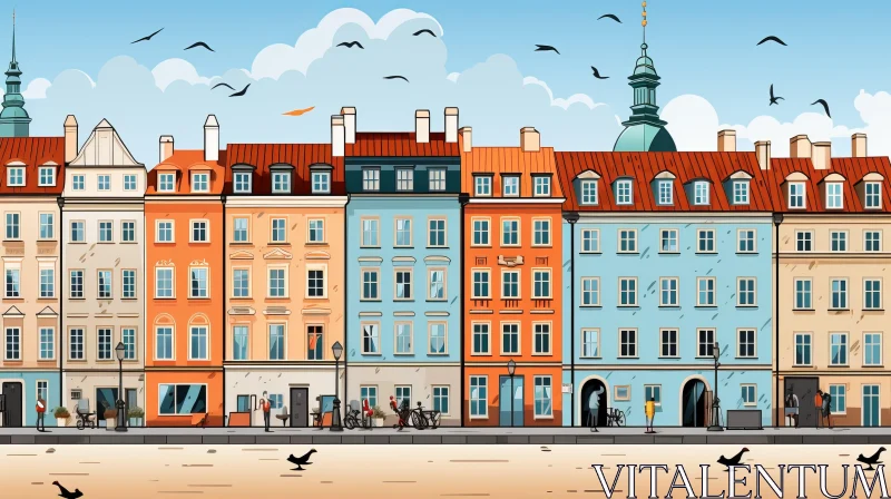 Colorful Cityscape Illustration with Classic Architecture and Flying Gulls AI Image