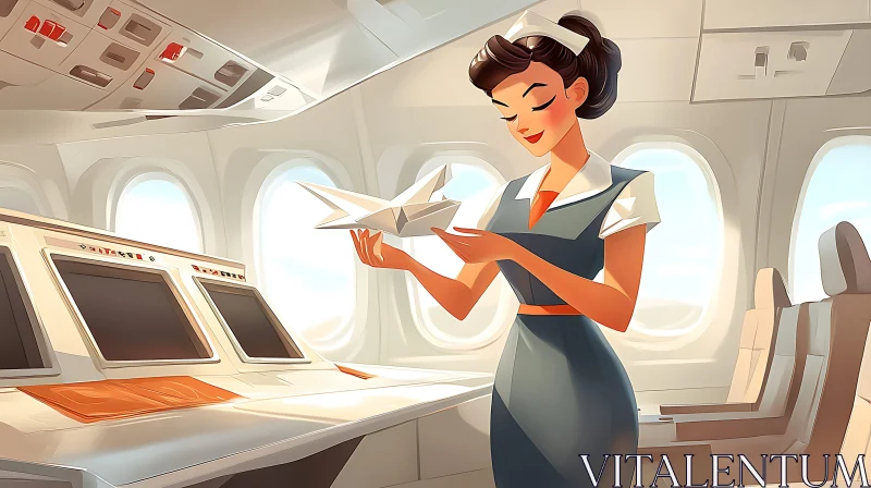 Vintage Flight Attendant in Modern Airplane AI Image