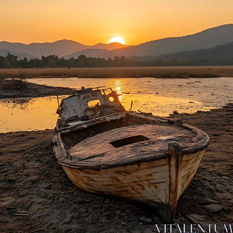 Sunset Over an Abandoned Boat AI Image