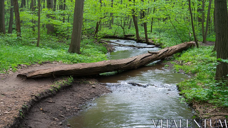 Serene Forest Creek and Fallen Tree Bridge AI Image