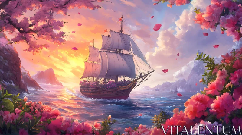 Sunset Voyage with Floral Bliss AI Image