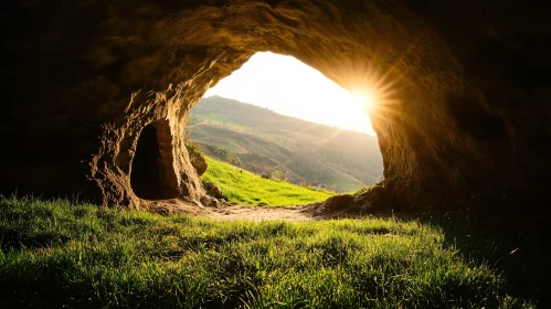 Cave Opening with Morning Sunlight and Greenery