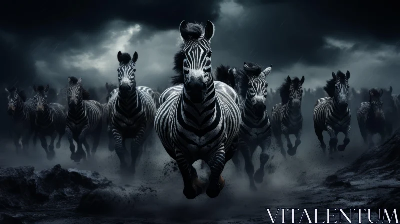 Monochromatic Zebras in Dark Landscape: A Digital Illustration AI Image