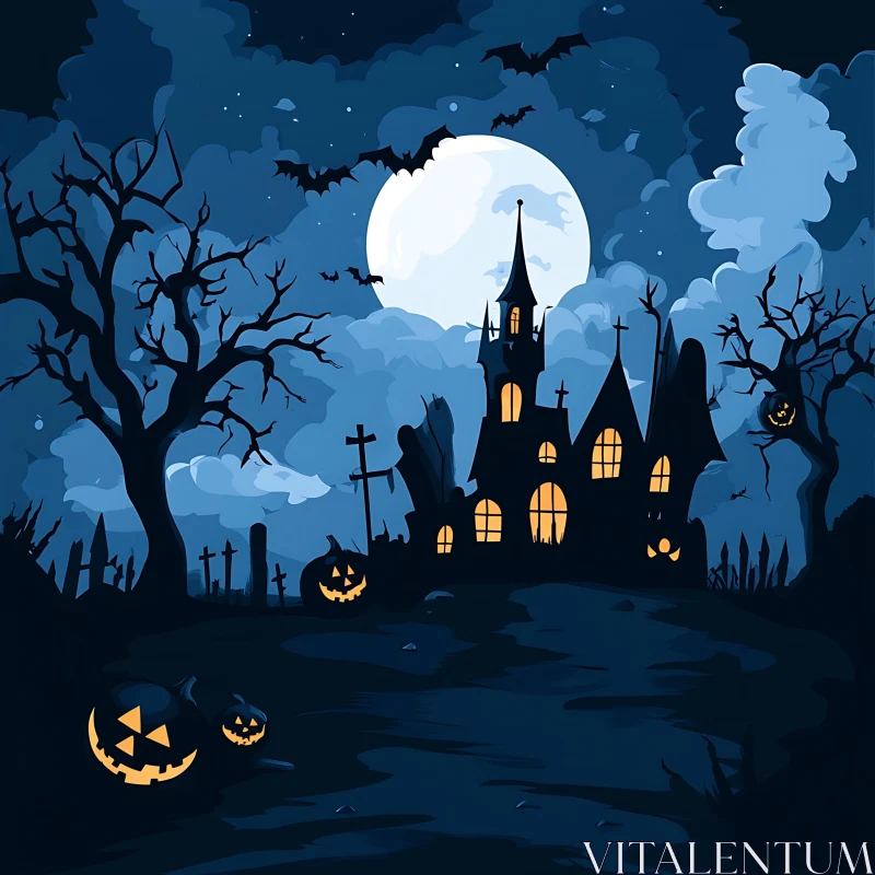 AI ART Spooky Night Scene with Haunted House
