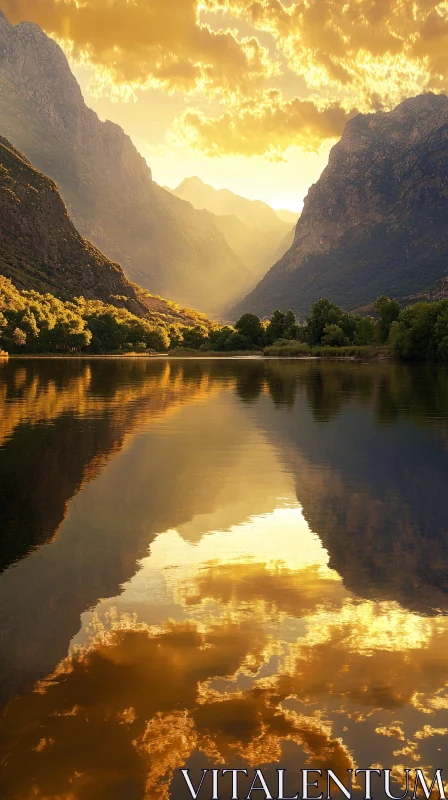 AI ART Golden Sunset Over Majestic Mountains and Serene Lake