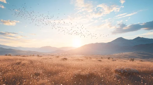 Mountain Sunset Landscape with Birds
