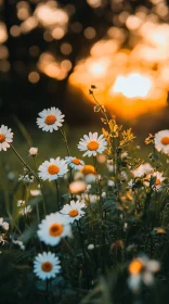 Sunset Over a Daisy Field