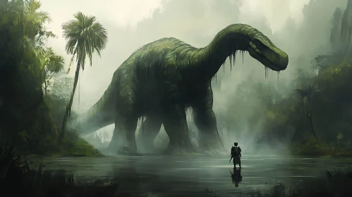 Giant Dinosaur Confronts Lone Explorer