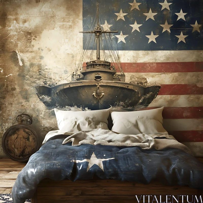 Vintage Ship and American Flag Themed Bedroom Decor AI Image