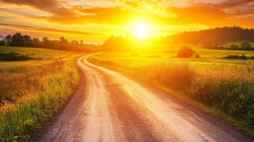 Sunset Path Through Countryside Fields