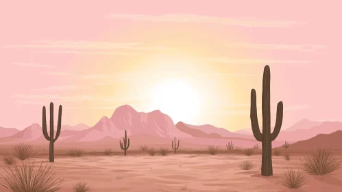 Desert Sunset with Cacti and Mountains