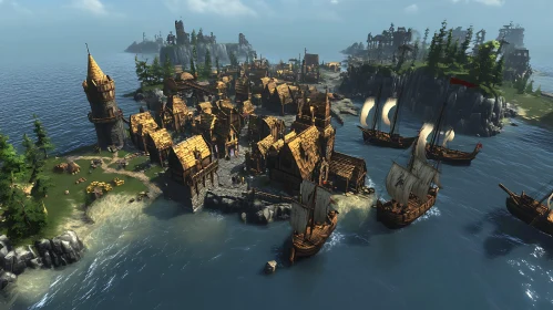 Medieval Seaside Village and Boats