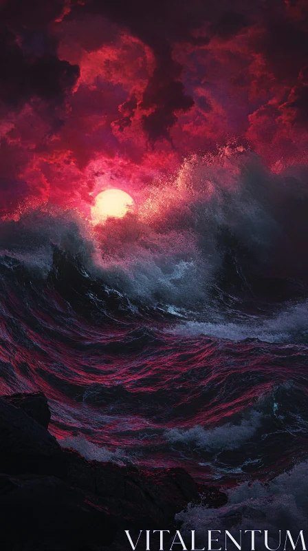 Red-Hued Ocean Waves during a Dramatic Sunset