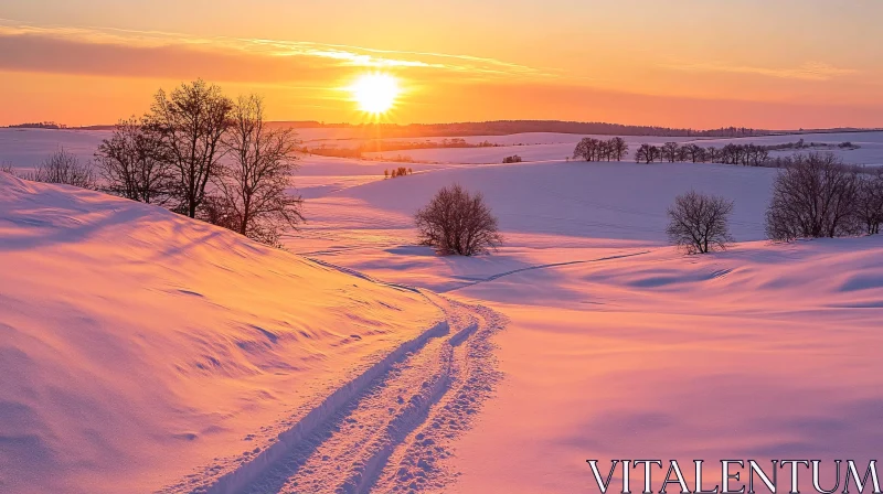 AI ART Winter Sunset in a Snowy Field