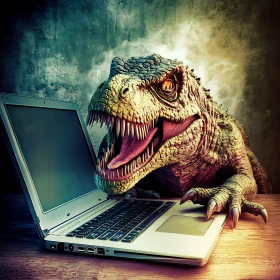 Dinosaur and Laptop Encounter in Office Setting