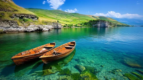 Wooden Boats on Crystal Clear Lake Amidst Rolling Hills