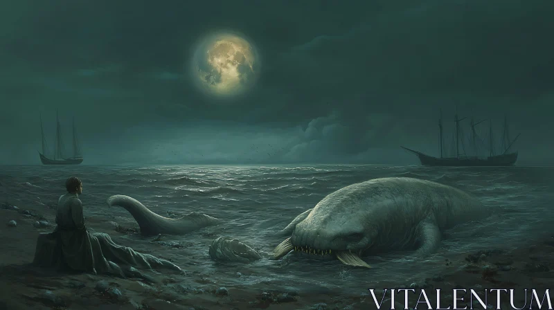 Eerie Night with Moonlit Seascape and Enigmatic Creature