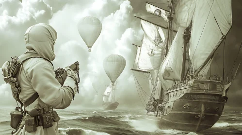 Sailor amidst Steampunk Fantasy with Air Balloons and Sailing Ship