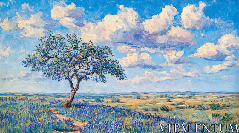 AI ART Idyllic Field with Blossoming Tree