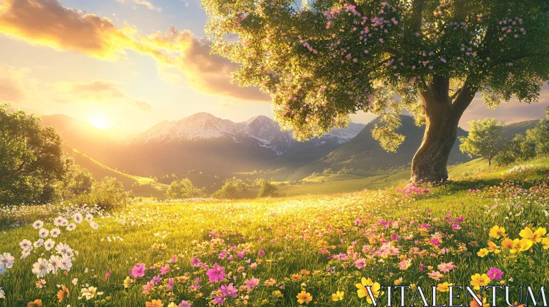 AI ART Sunset Meadow with Blossoming Tree