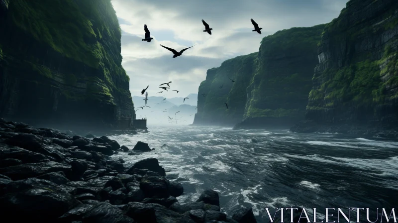 Atmospheric Cliffs with Birds - A Dark Paradise Rendered in Maya AI Image