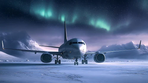 Airplane and Northern Lights in Winter Wonderland