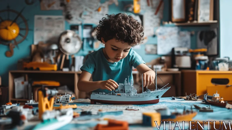 Young Child Building Model Ship Amidst Toys AI Image