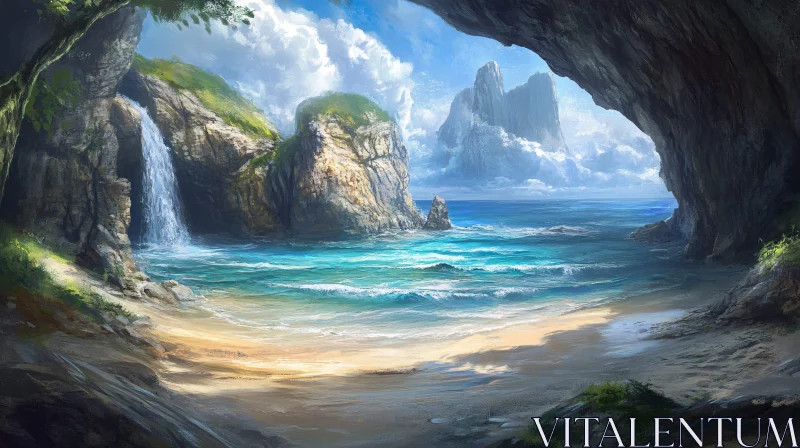AI ART Serene Beach and Waterfall Landscape