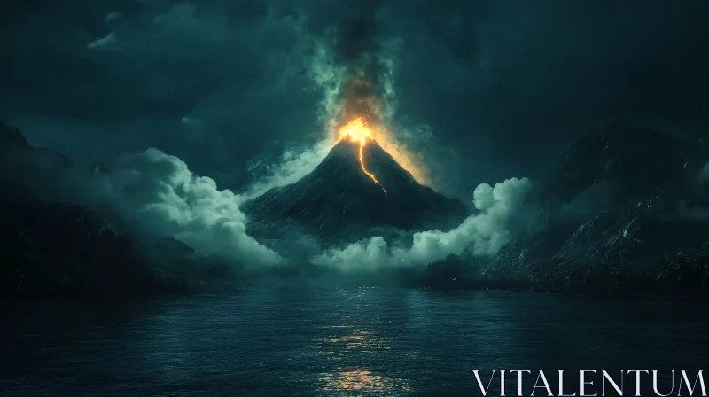 Nighttime Eruption with Fiery Lava and Smoke