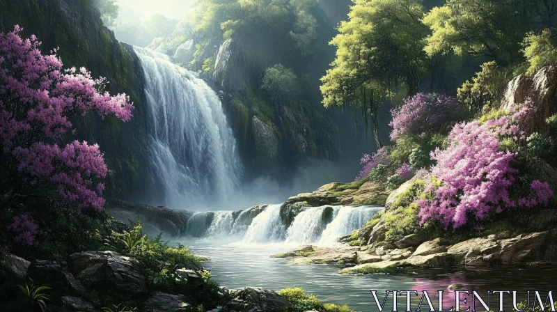 Tranquil Waterfall in a Vibrant Forest Scene