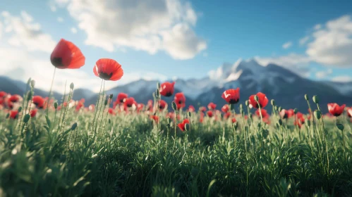 Blooming Red Poppies Against Mountainous Landscape