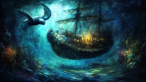 Fantasy Underwater Scene with Ship and Turtle