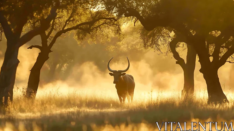 Serene Bull in Golden Forest Light