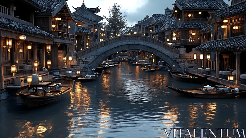 Quaint Village Scene under the Stone Bridge AI Image