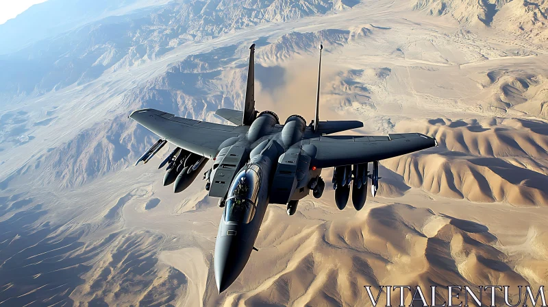 Aerial View of Military Jet Over Desert