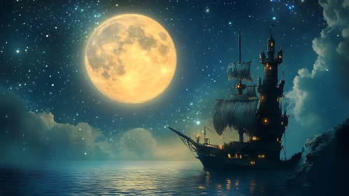 Moonlit Ocean Voyage with Stars and Clouds