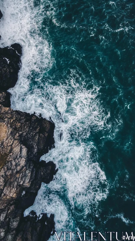 AI ART Top-Down View of Rocky Shoreline with Ocean Waves