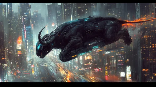 Cybernetic Bull in Futuristic Neon City